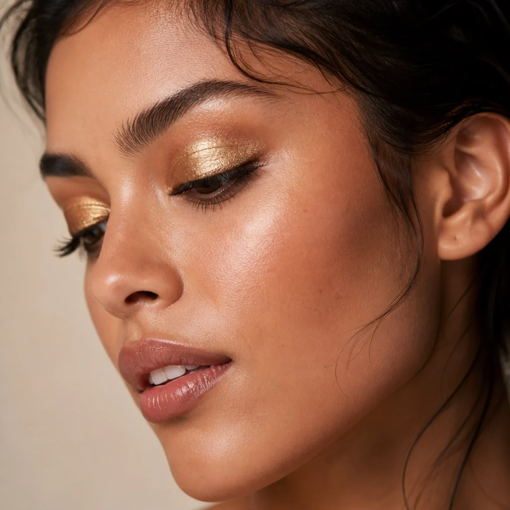 Model with a metallic gold foil lid catching the light and clean defined lashes, close three-quarter view