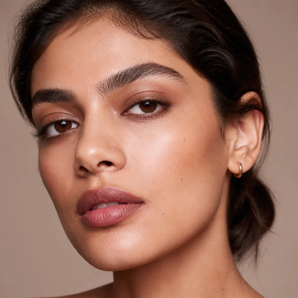 Model with brushed-up feathered brows and soft neutral eye makeup, front three-quarter view