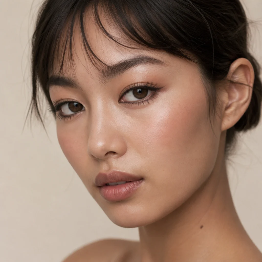 Model with a soft winged liner and full separated lashes in a doe-eyed Bardot style, three-quarter angle