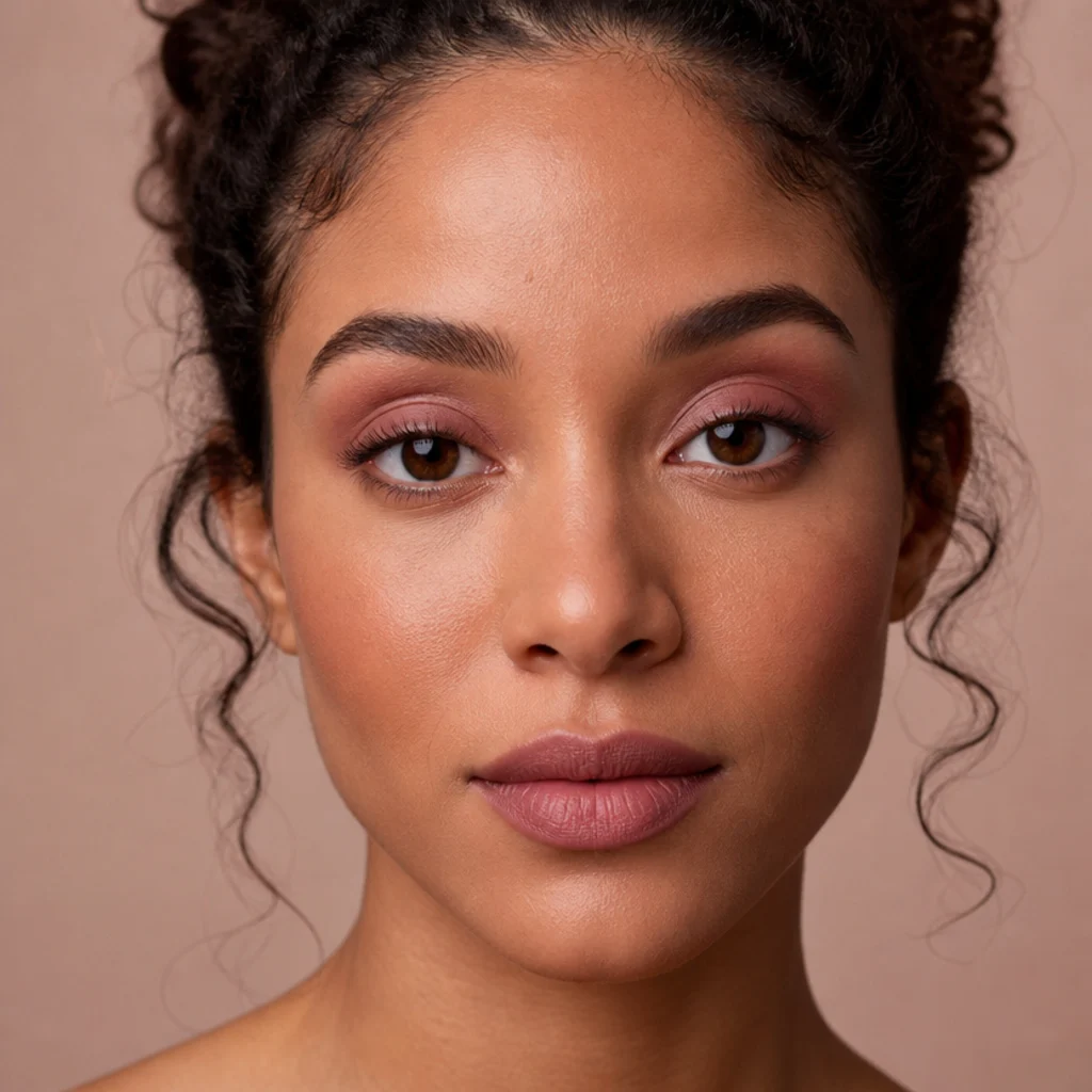 Model with a soft mauve shadow wash and matching muted lip in a wearable everyday look, front view
