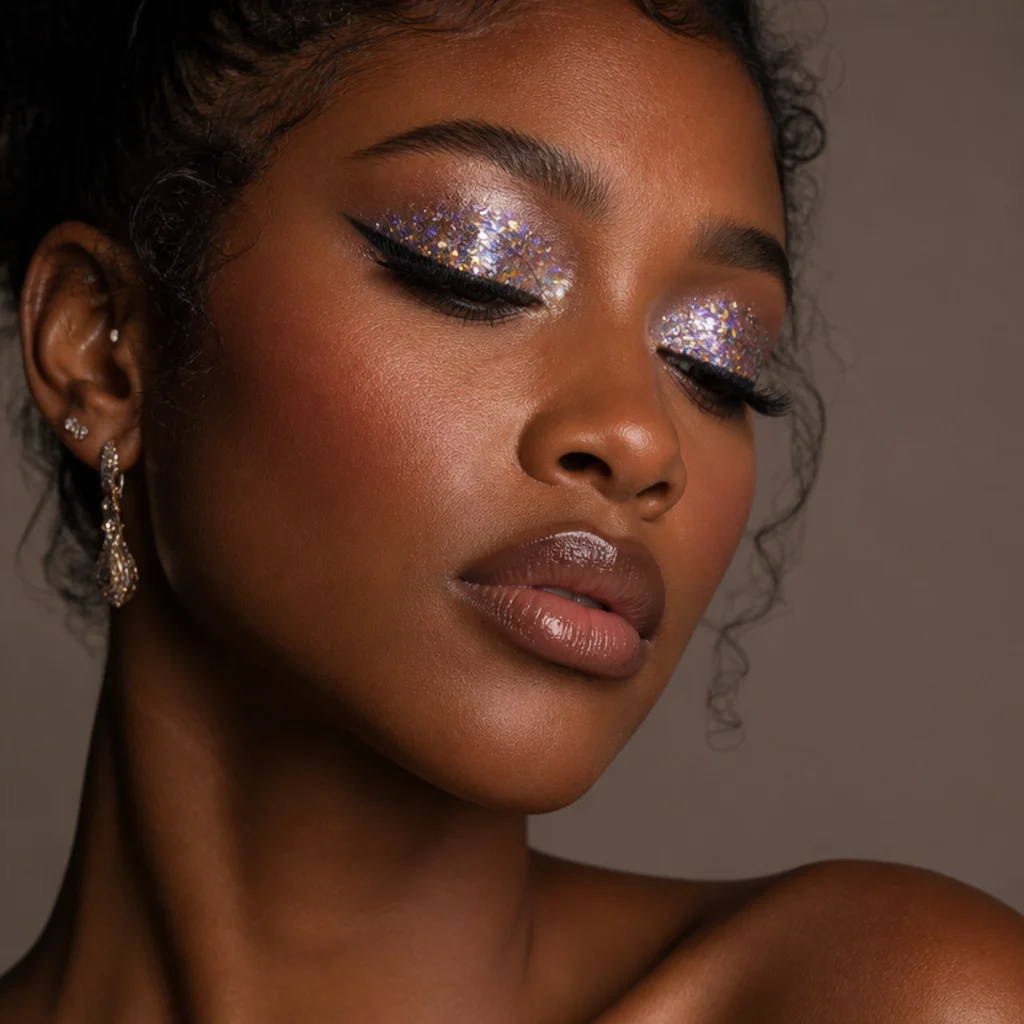 Model with chunky iridescent glitter packed on the lids under sparkling light, close three-quarter view