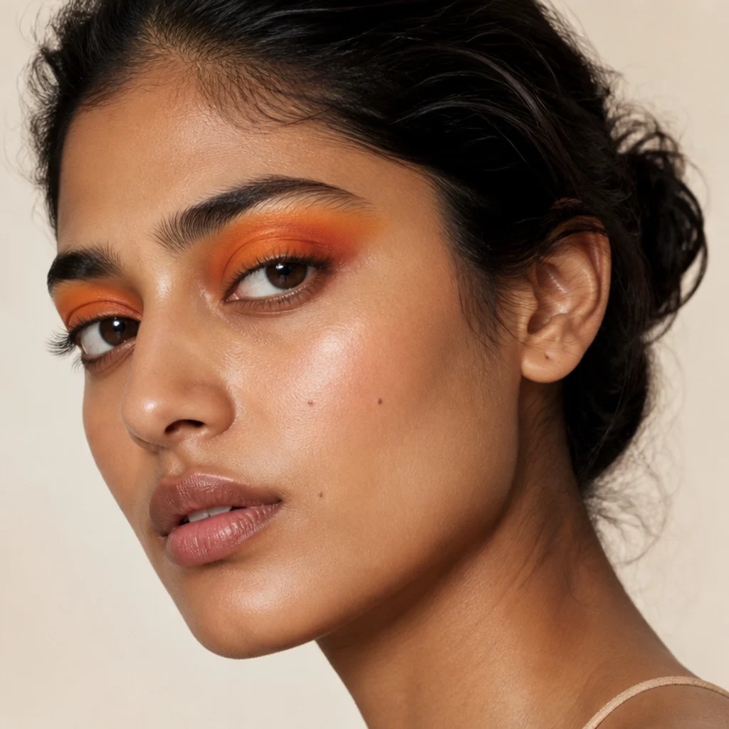 Model with a vivid tangerine orange shadow blended across the lids and fresh skin, side three-quarter angle