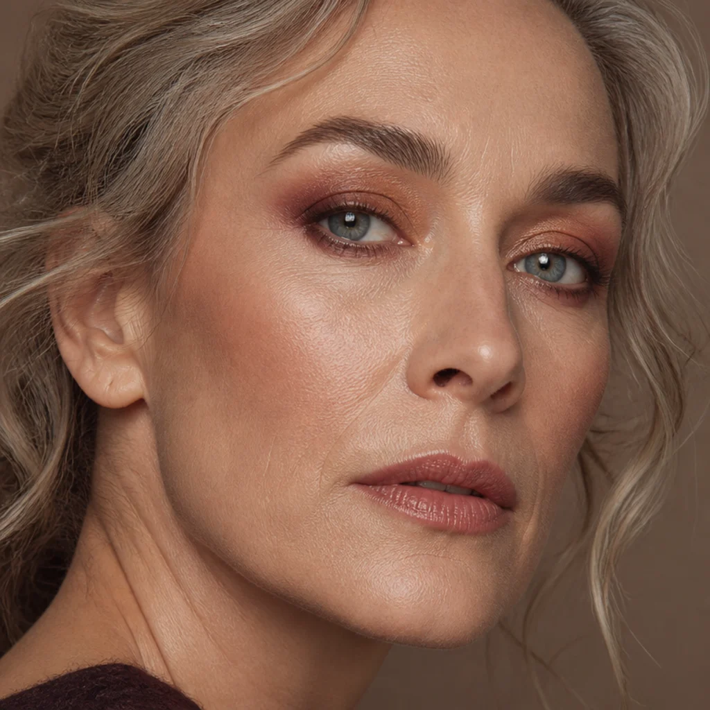 Model with bronze on the lid and burgundy smoked into the outer corner for a rich two-tone eye, close three-quarter view