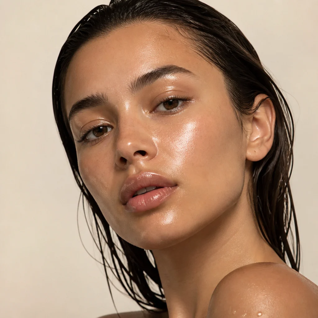 Model with high-shine dewy skin, glossy lids, and a bare lip for a wet-look 70s finish, front three-quarter view