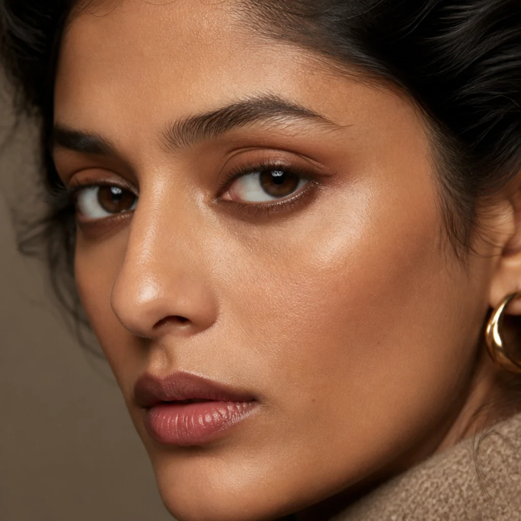 Model with warm bronze shadow smudged along the lower lash line and a soft neutral upper lid, close side angle