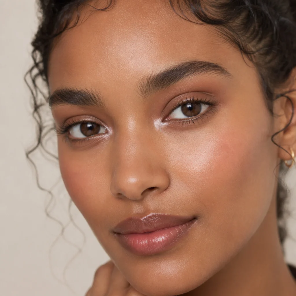 Model with a bright pearl highlight at the inner corners and soft warm shadow, close three-quarter view
