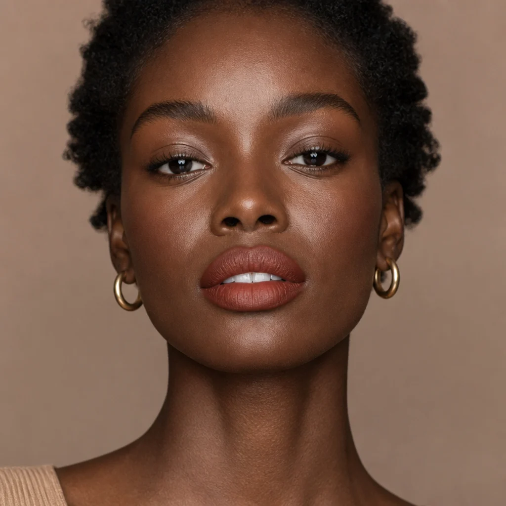 Model with an ombre brick lip, deeper at the edges and lighter in the center, in a soft matte finish, front view