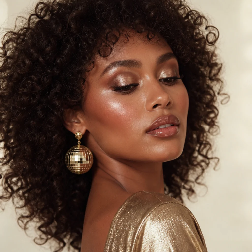 Model with shimmering lids, sculpted glow, feathered lashes, and a glossy lip in a complete 70s disco glam look, three-quarter angle