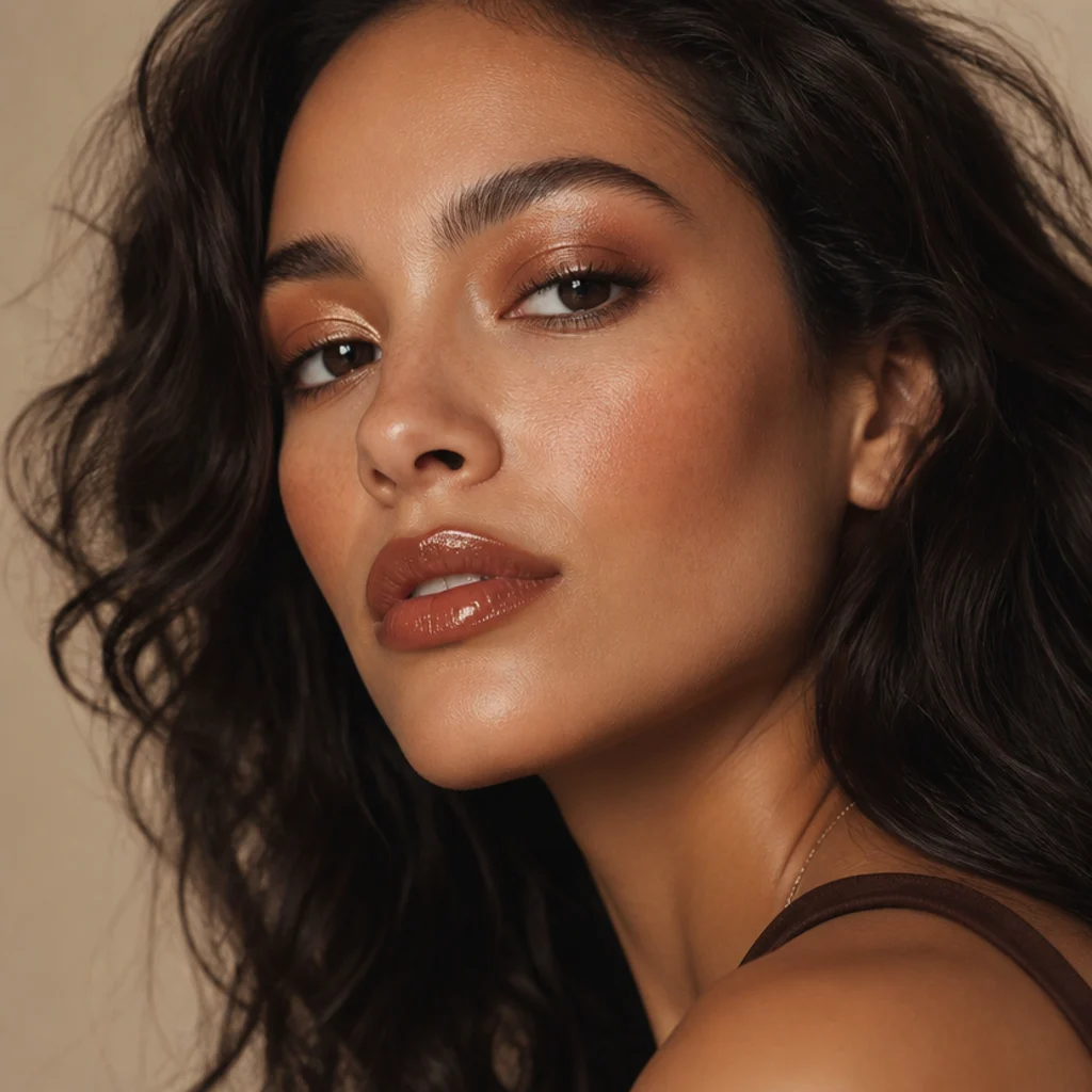 Model in three-quarter view with shimmering bronze lids, glossy terracotta lips, and feathered brows in a warm 70s-inspired beauty portrait