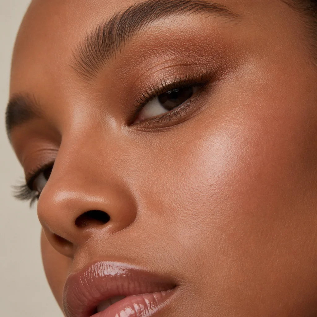Close-up of a single warm bronze eyeshadow wash blended lash-line to crease with a glossy nude lip