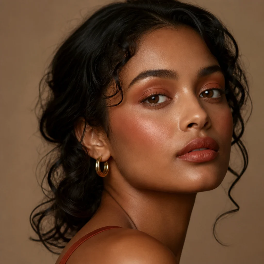 Model wearing matching terracotta tones on eyes, cheeks, and lips for a monochrome sun-baked effect