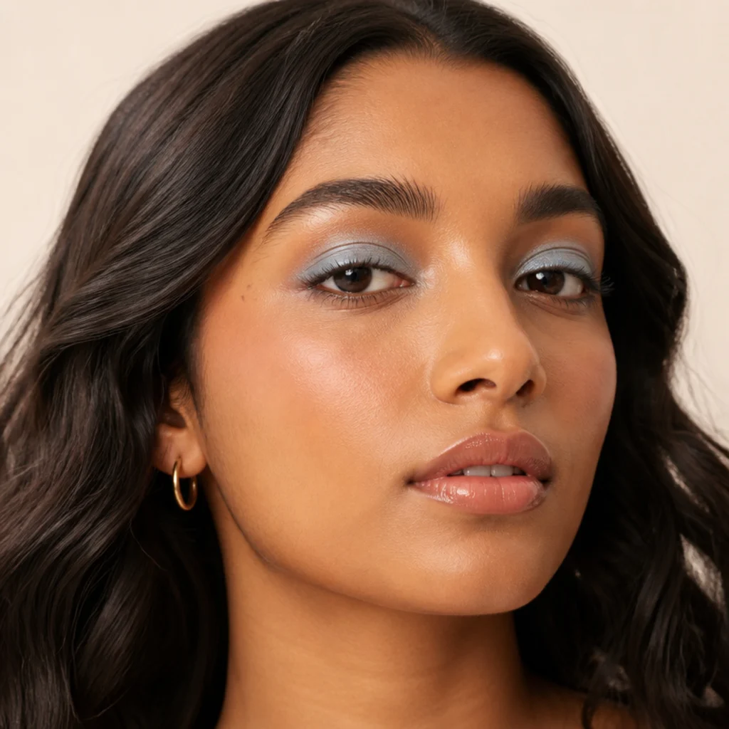 Frosted powder-blue eyeshadow swept low across the lid with a pale glossy nude lip