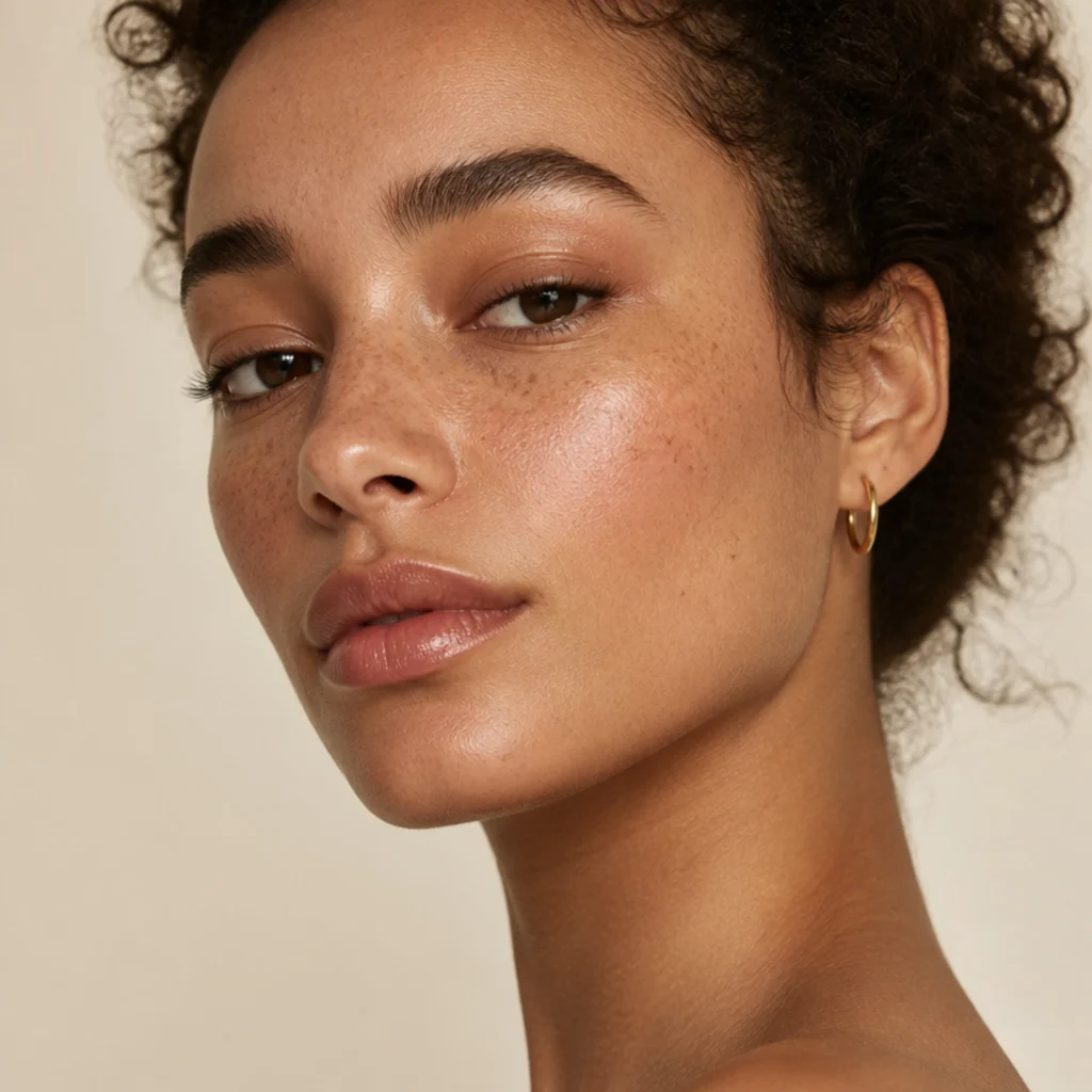 Bare dewy skin with a soft brown socket wash, brushed-up brows, and a natural tinted-balm lip