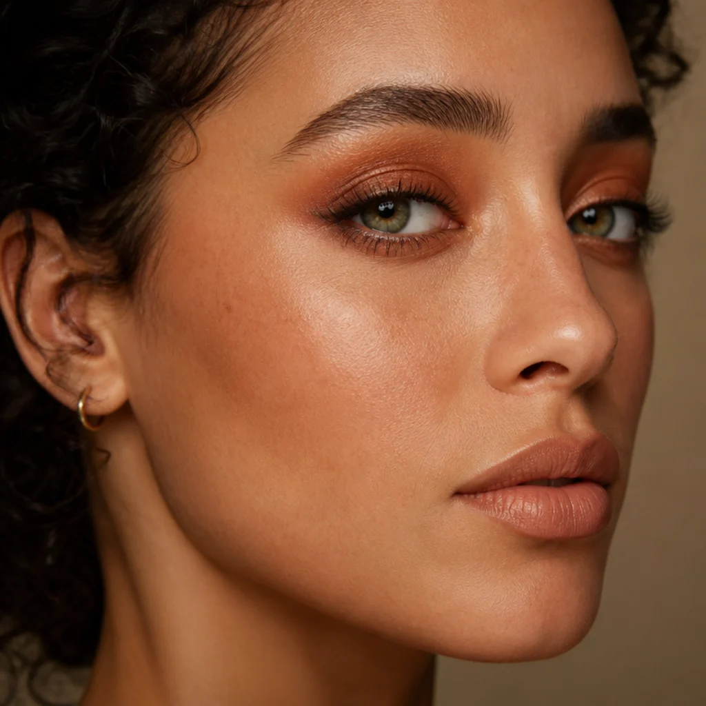 Smoky copper eyeshadow smudged around the upper and lower lash line with a soft nude lip