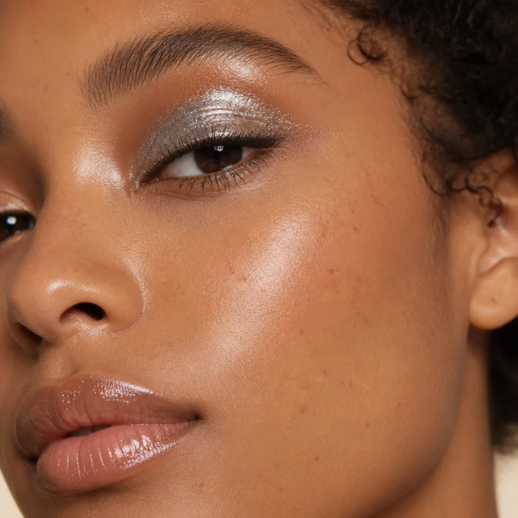High-shine silver shimmer eyeshadow on the lid over a glitter base with luminous highlighted skin