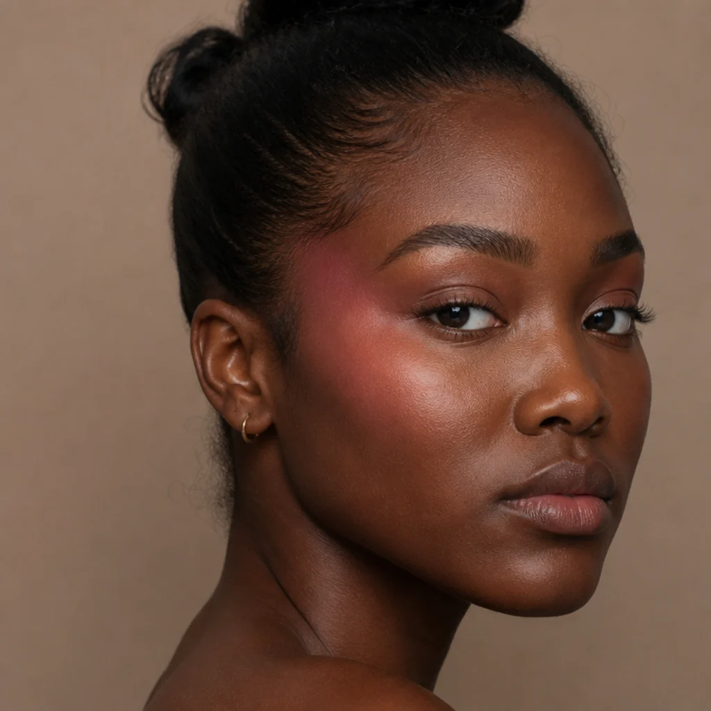 Cream blush swept from the cheekbones up toward the temples in blended peach and plum tones