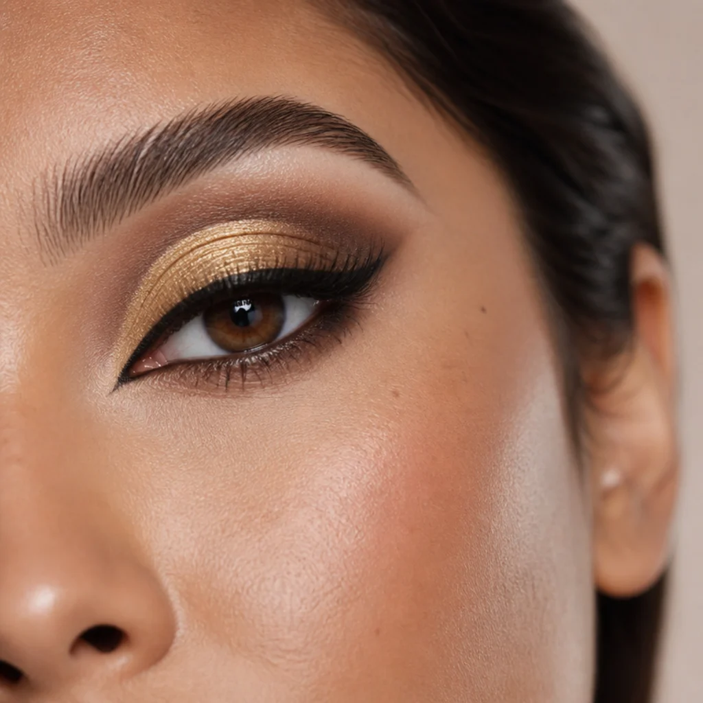 Defined gold cut-crease eyeshadow with a crisp concealer-carved socket line lifted at the outer corner