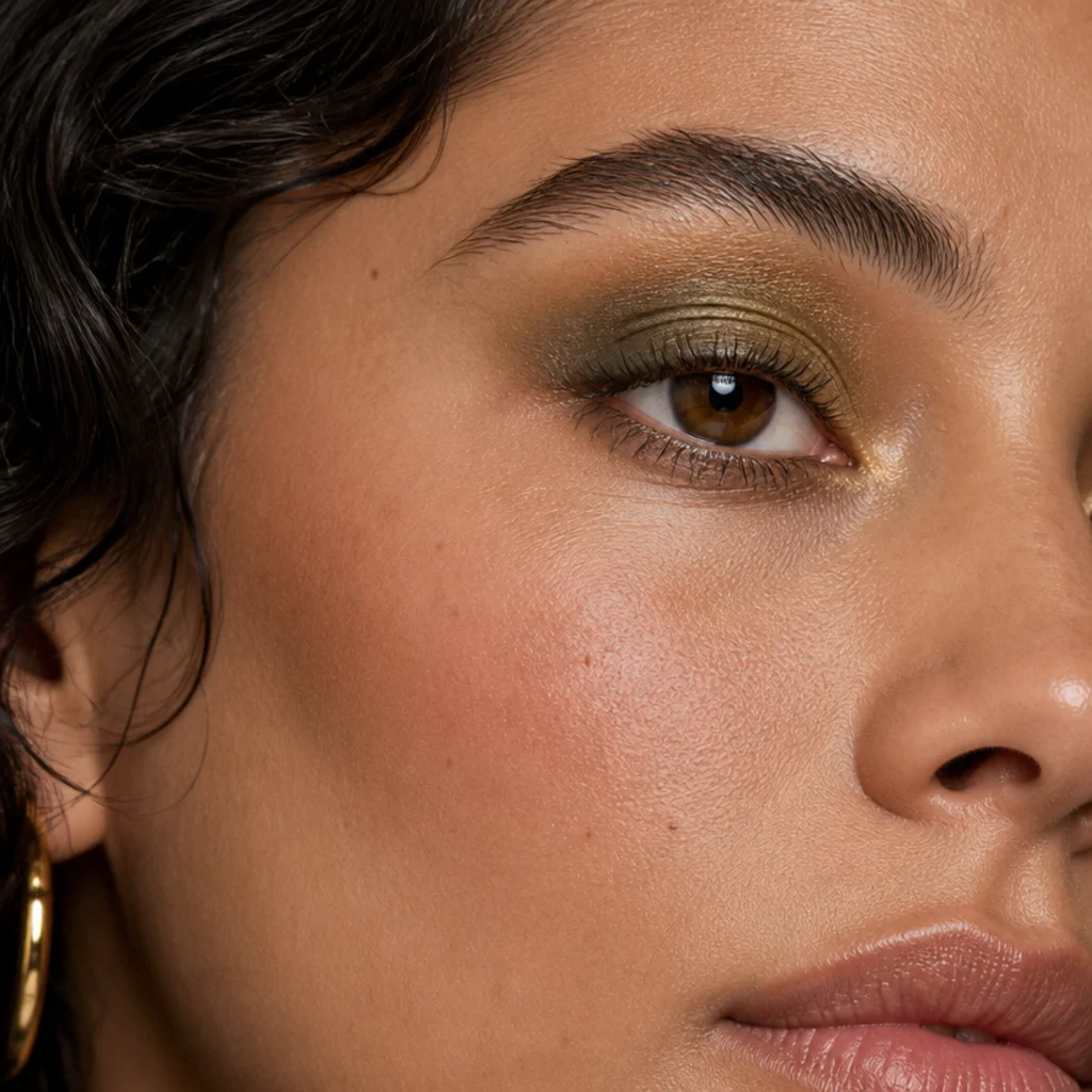 Earthy olive and moss green eyeshadow blended across the lid and lower lash line, warmed with bronze at the inner corner