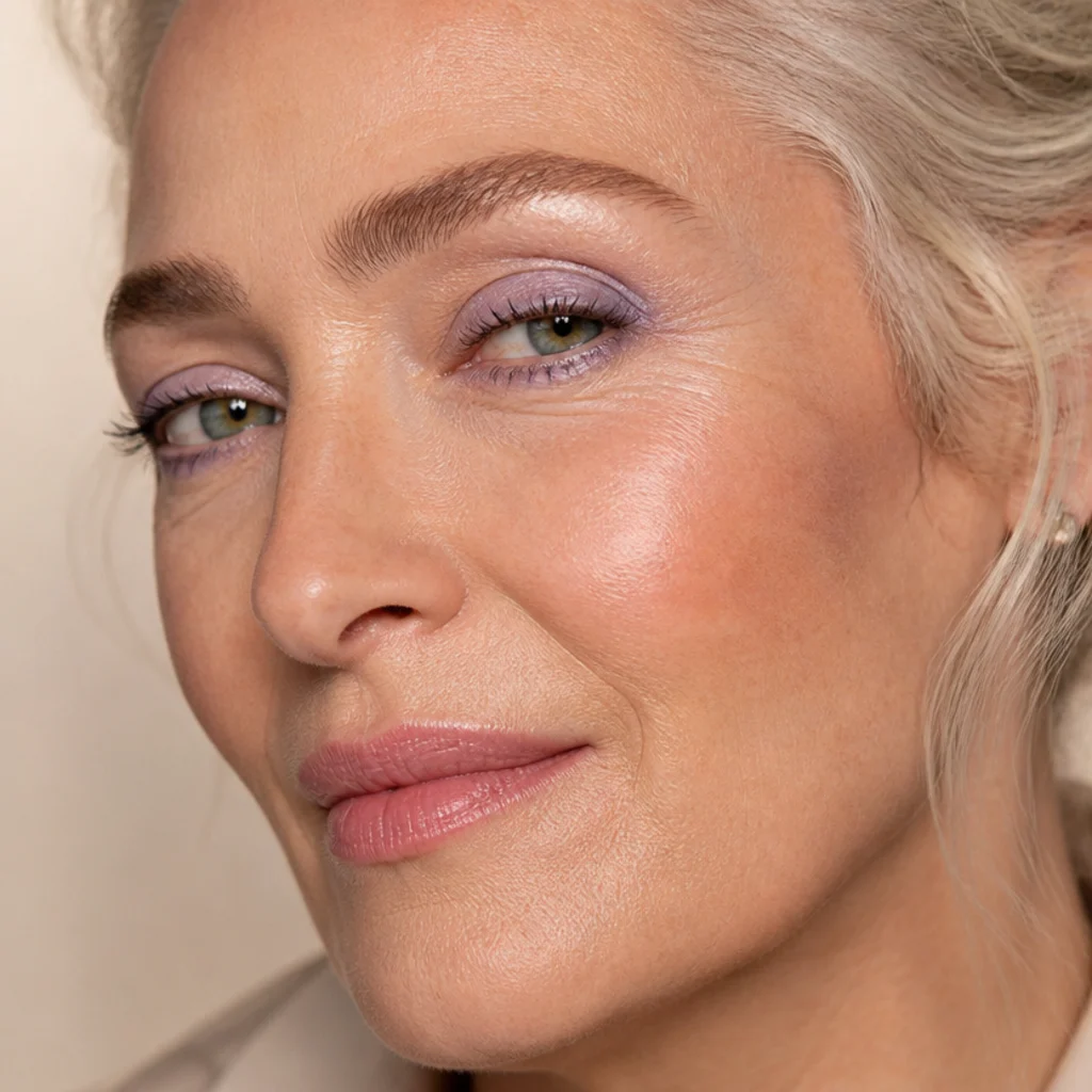 Frosted lilac eyeshadow swept low across the lid paired with a soft rosy nude lip