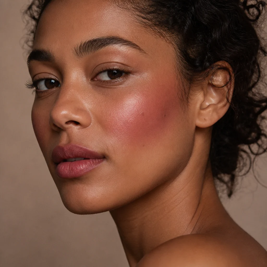 Diffused berry stain worn on lips and cheeks over clean glowing bare skin