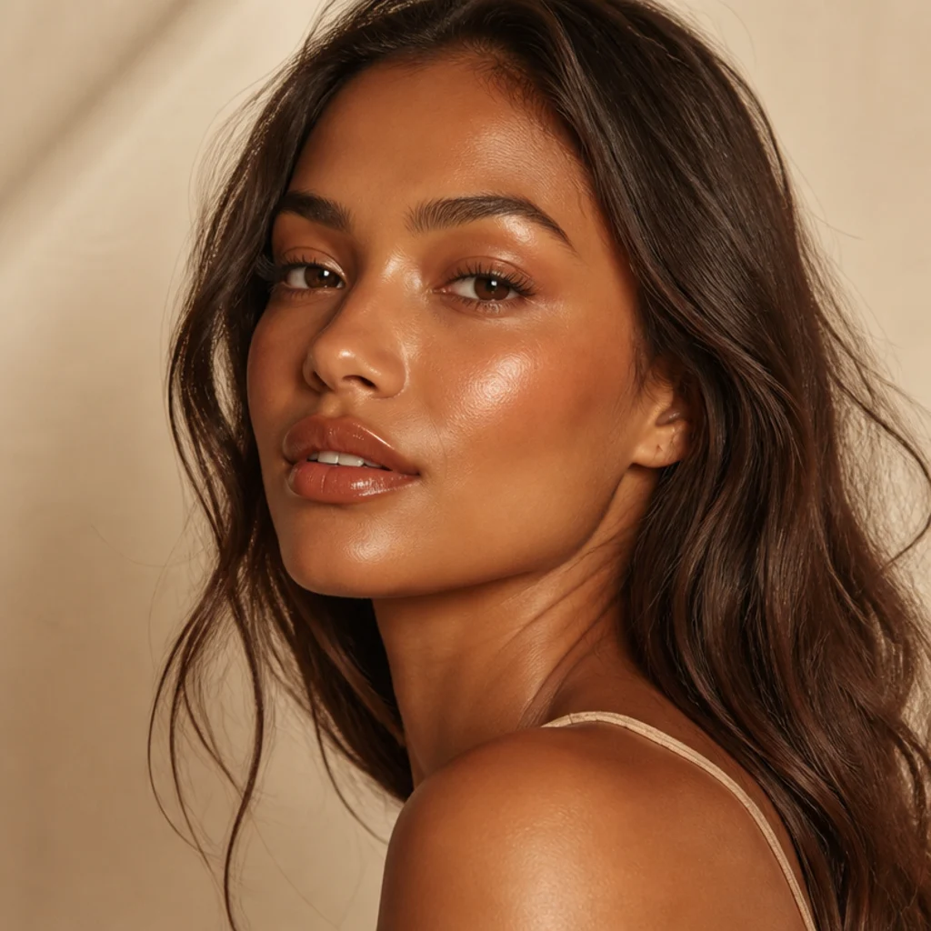 Deeply bronzed complexion glowing across cheekbones, temples, and nose with a caramel gloss lip