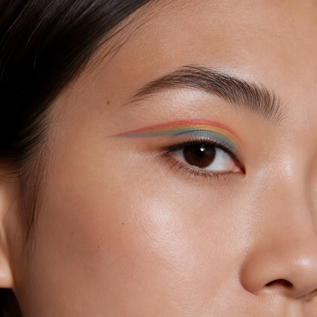 Multicolored floating eyeliner drawn in a blended graphic arc above the crease over clean skin