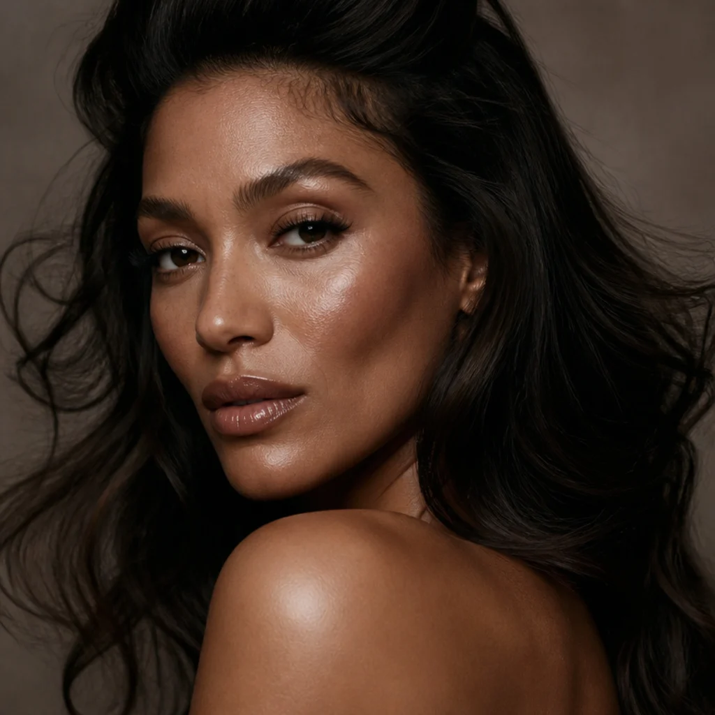 Sleek sculpted glam look with softly contoured cheekbones, long feathered lashes, straight defined brows, and a glossy nude lip
