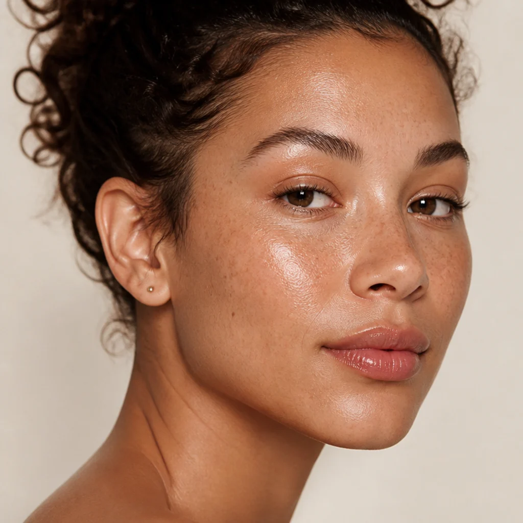 Fresh bare-skin look with combed natural lashes, groomed brows, and a nude gloss lip