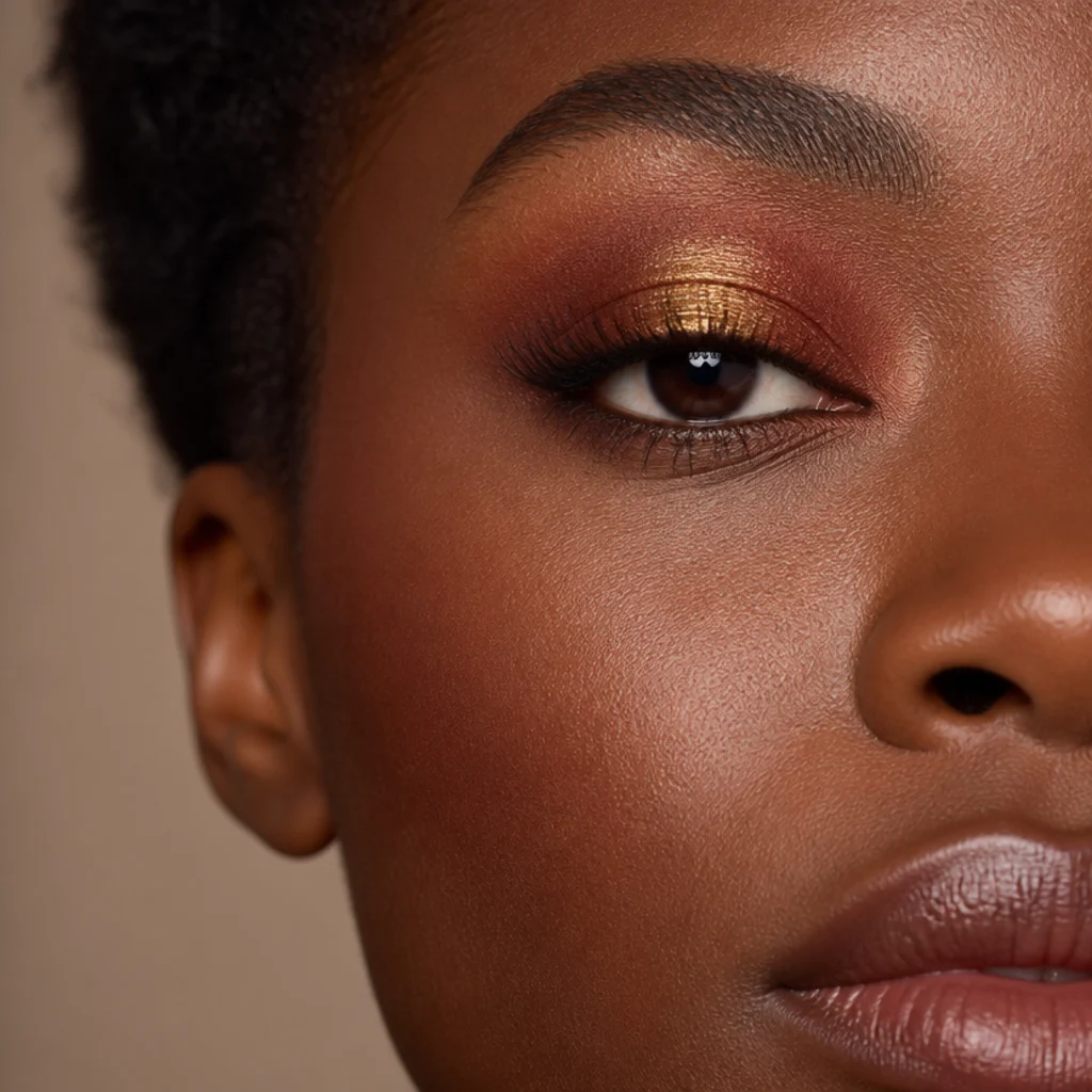 Halo eye with rust worked into the inner and outer corners and gold shimmer pressed into the center of the lid