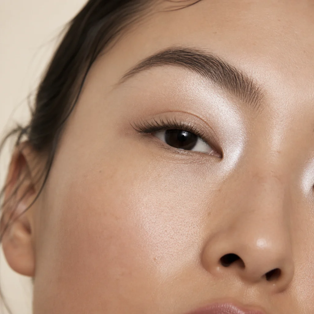 Pearl-white highlight pressed on the brow bone and inner corners over a soft neutral eye