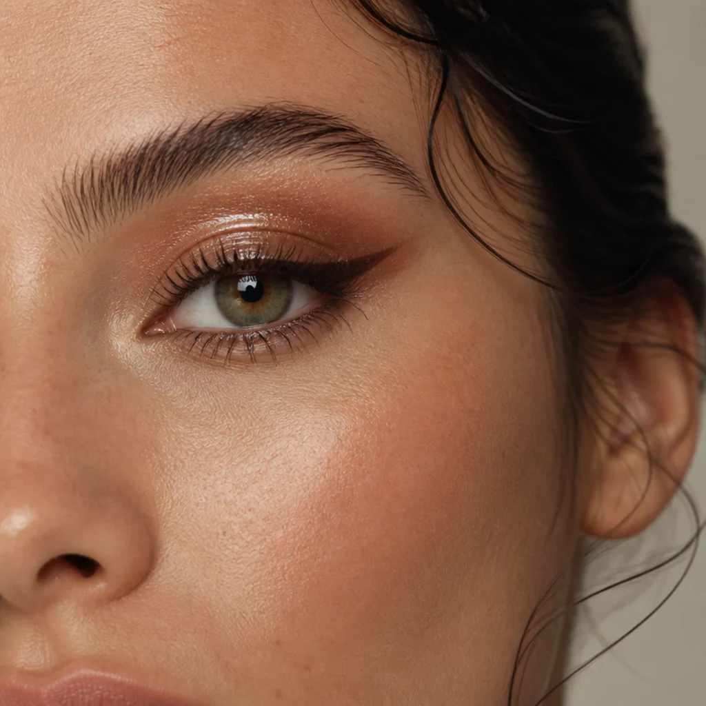 Glossy deep-brown liner extended into a soft low wing over a shimmering lid