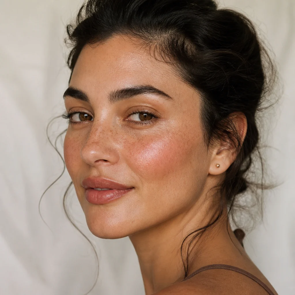 Sun-flushed skin with lightly drawn faux freckles across the nose, high warm blush, and a tinted balm lip