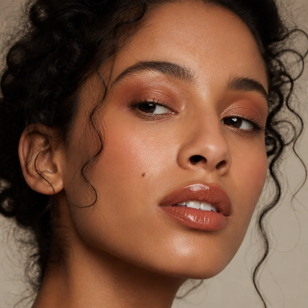 Model with warm bronze eyeshadow, glossy terracotta lips, and softly feathered brows in a 70s-inspired beauty portrait