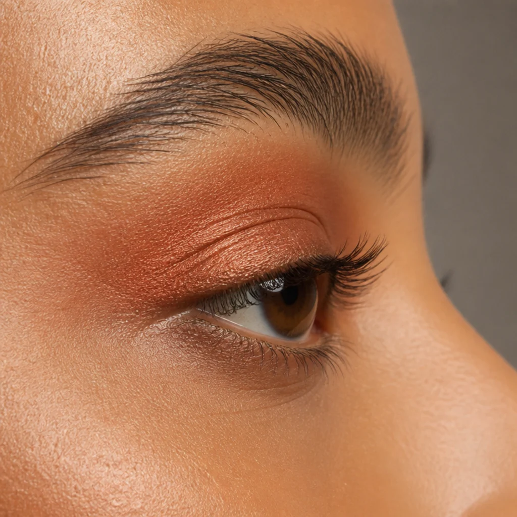 Warm terracotta, rust, and copper eyeshadow swatches blended across a tan eyelid