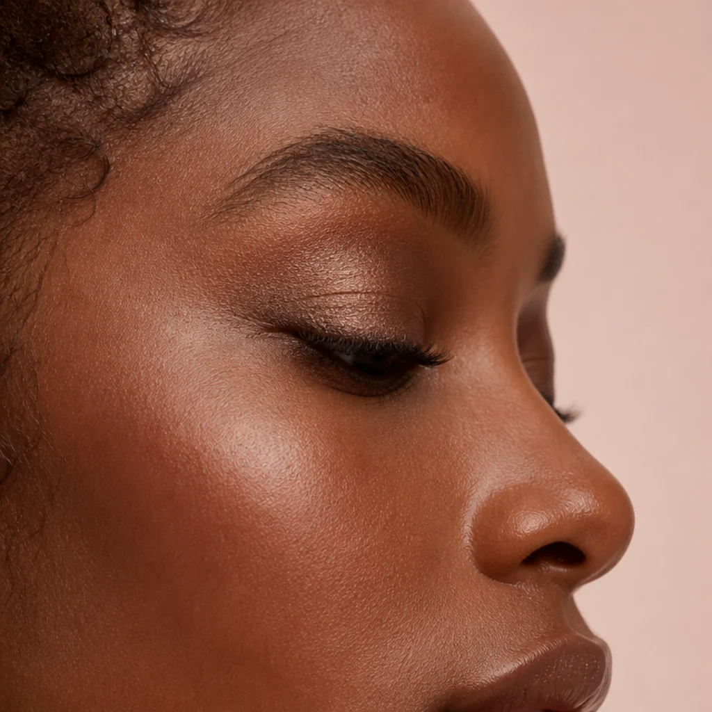 Side profile showing a softly diffused bronze crease that fades upward with no visible edge