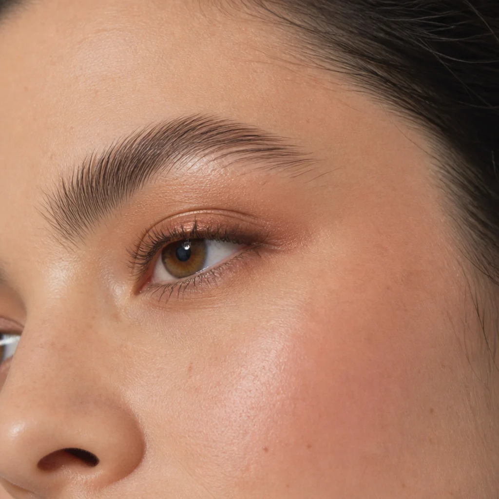 Natural feathered brow brushed upward and outward framing a warm-toned bronze eye