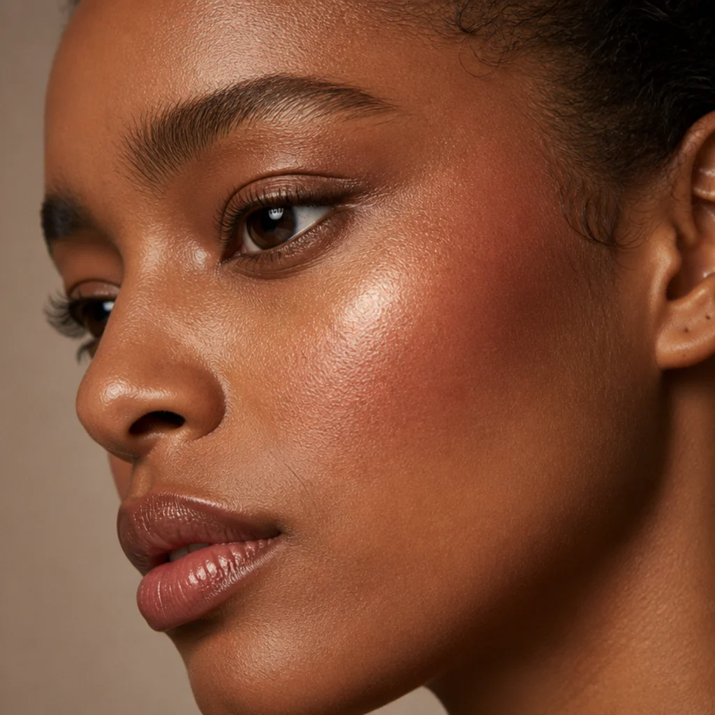 Cheekbone catching soft champagne highlight beside warm terracotta blush in studio light