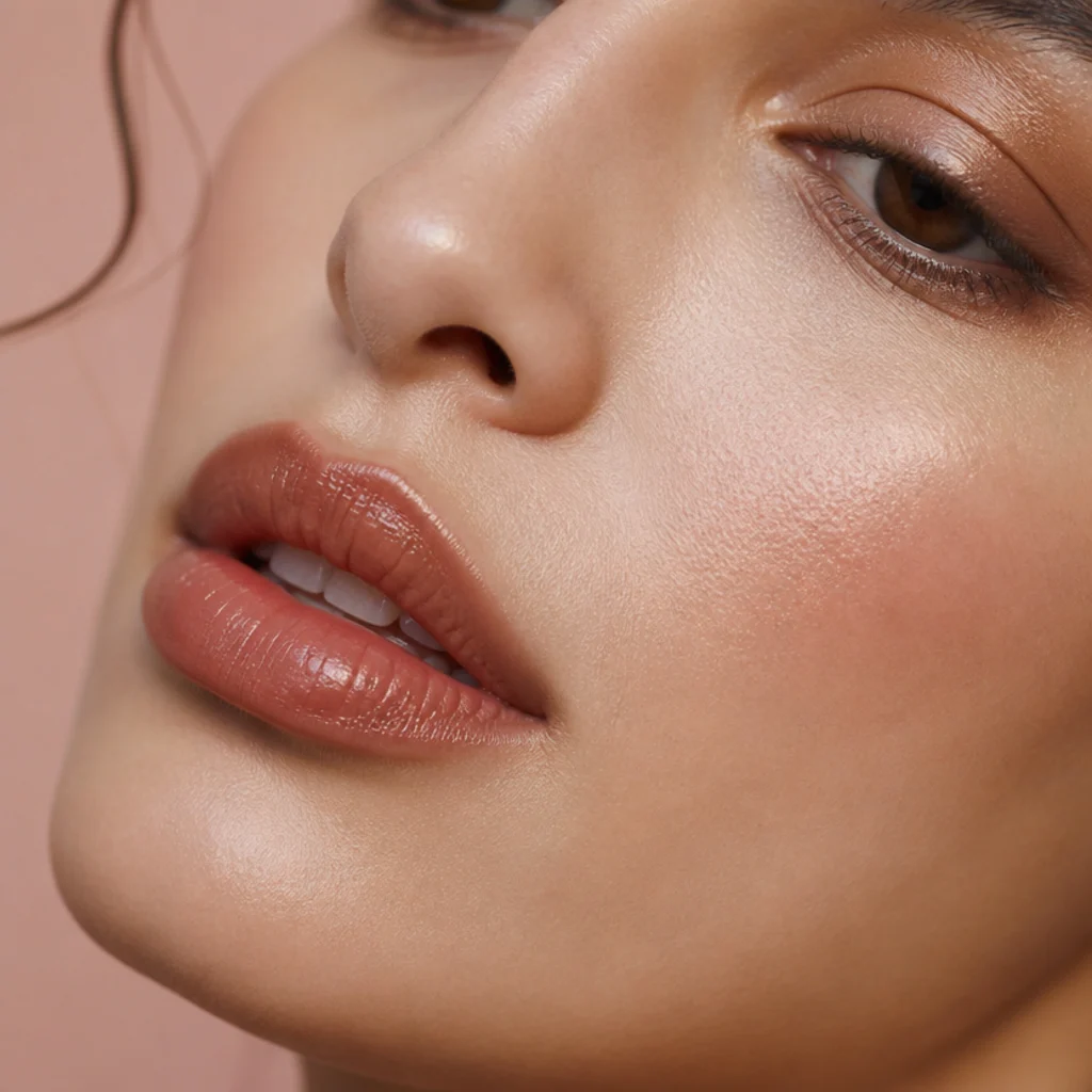 Glossy warm-nude lip with soft pencil definition complementing a bronze seventies eye