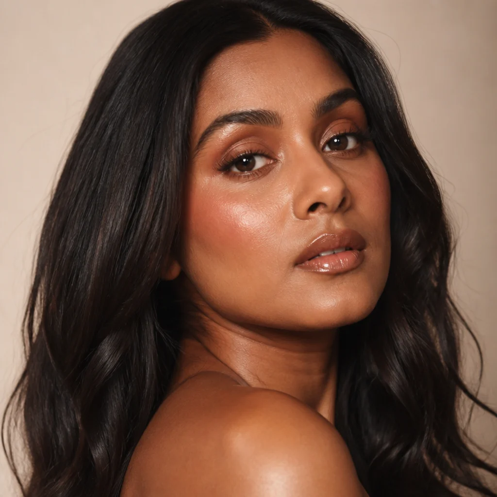 Model with warm bronze eyeshadow, feathered lashes, and glossy nude lip in soft studio light