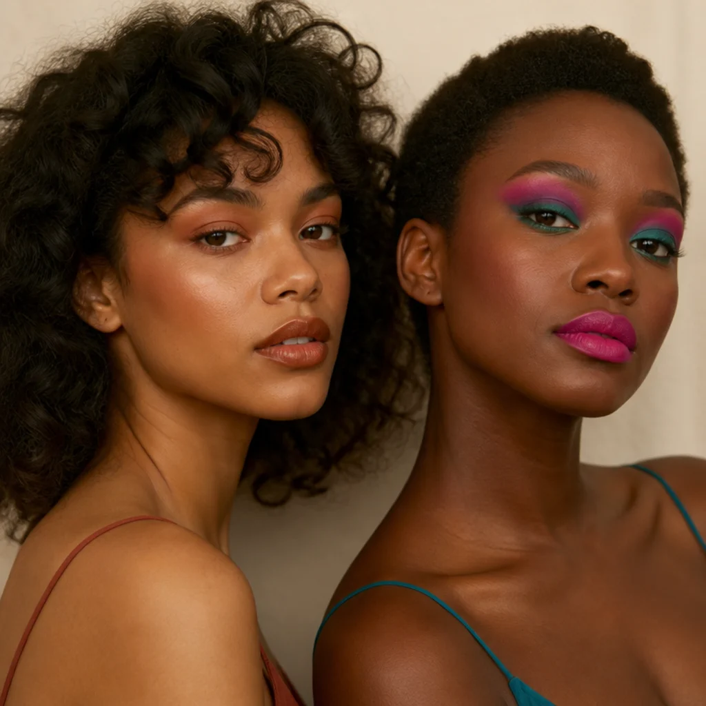 Two models side by side, left in warm sunlit bronze and terracotta makeup, right in saturated cool-toned color makeup, matched three-quarter studio angle