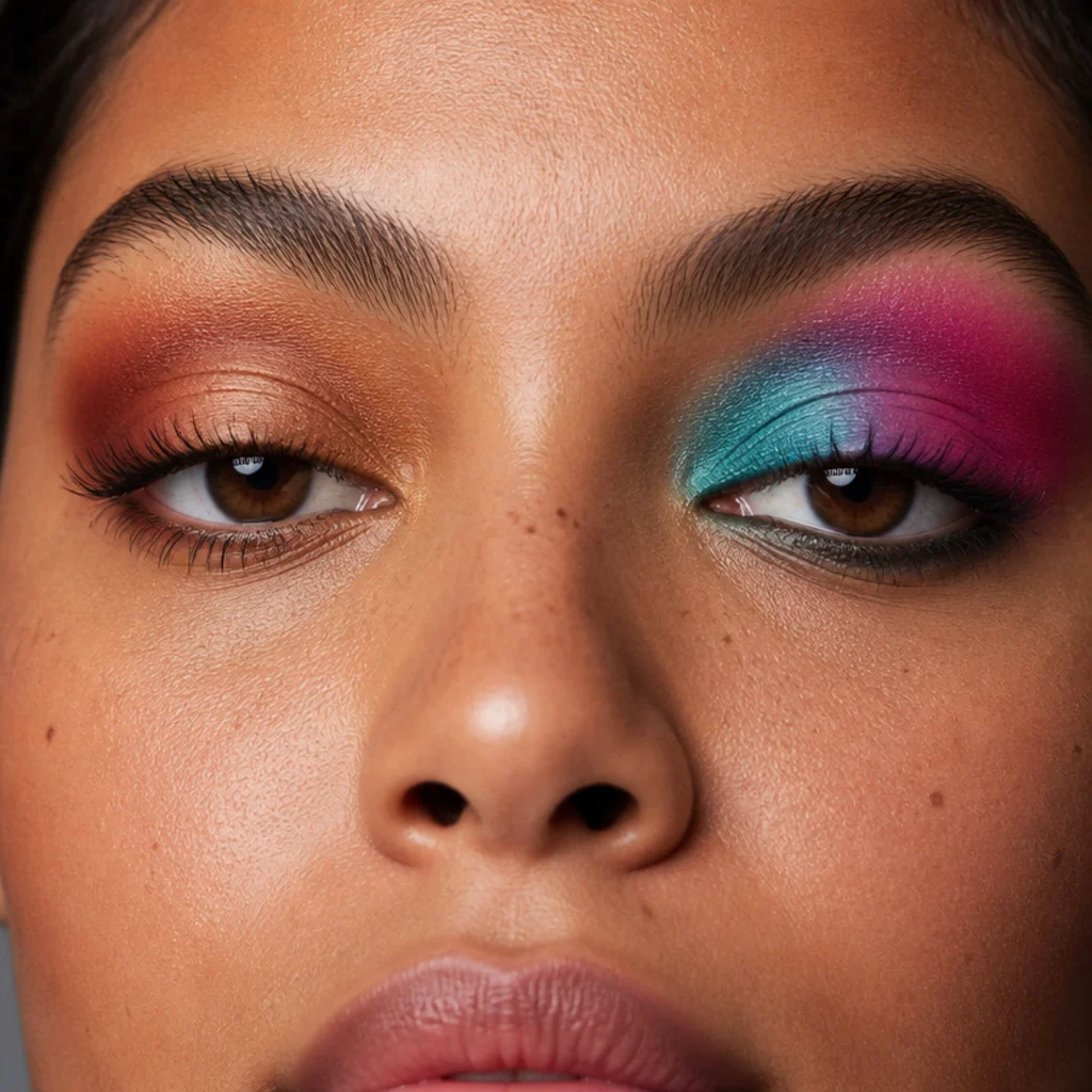 Close-up comparison of a warm terracotta and copper blended eyelid beside a bright teal and magenta color-blocked eyelid, macro beauty detail