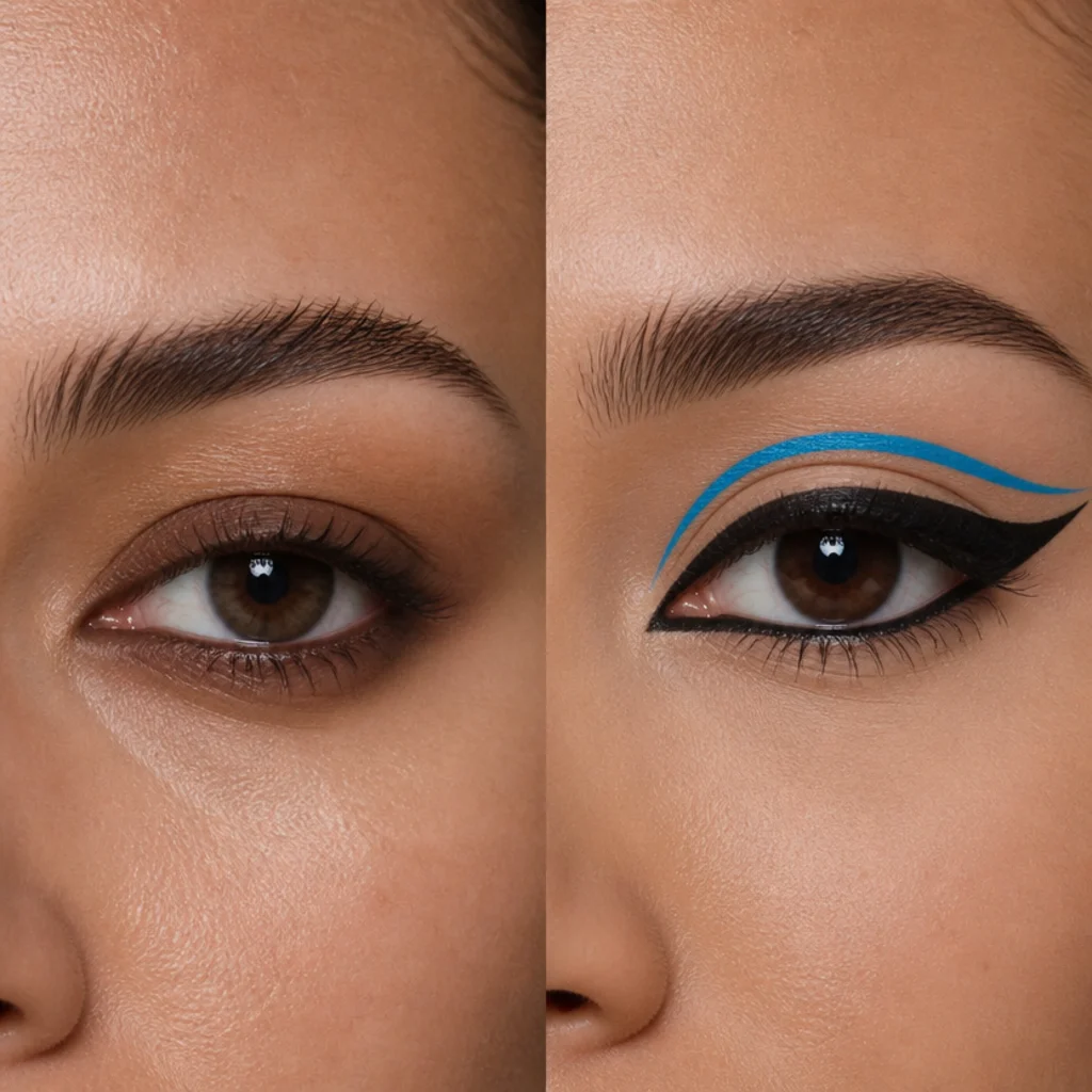 Left eye with softly smudged bronze lower liner, right eye with a sharp graphic black wing and bright inner-corner color, macro detail
