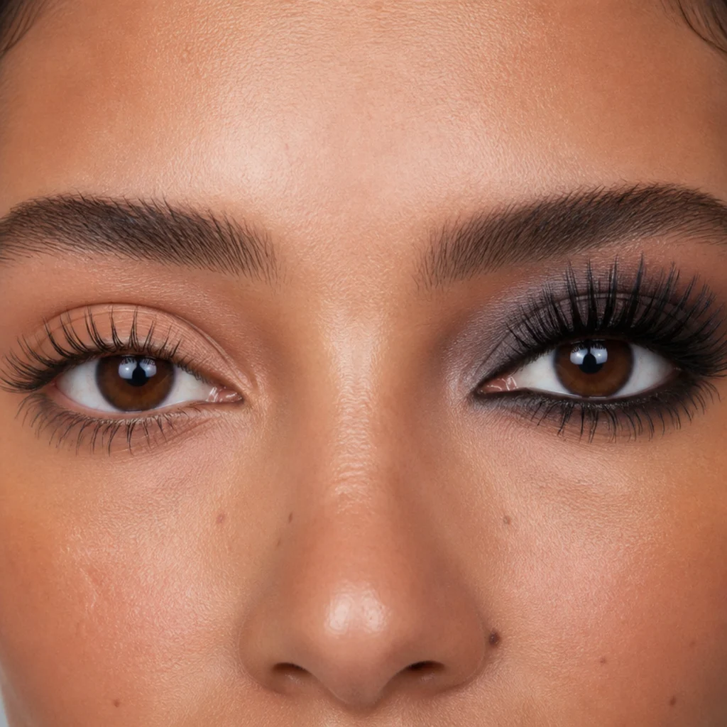 Comparison of soft fluttery separated natural-looking lashes on the left and heavy clumped spidery lashes on the right, close beauty macro