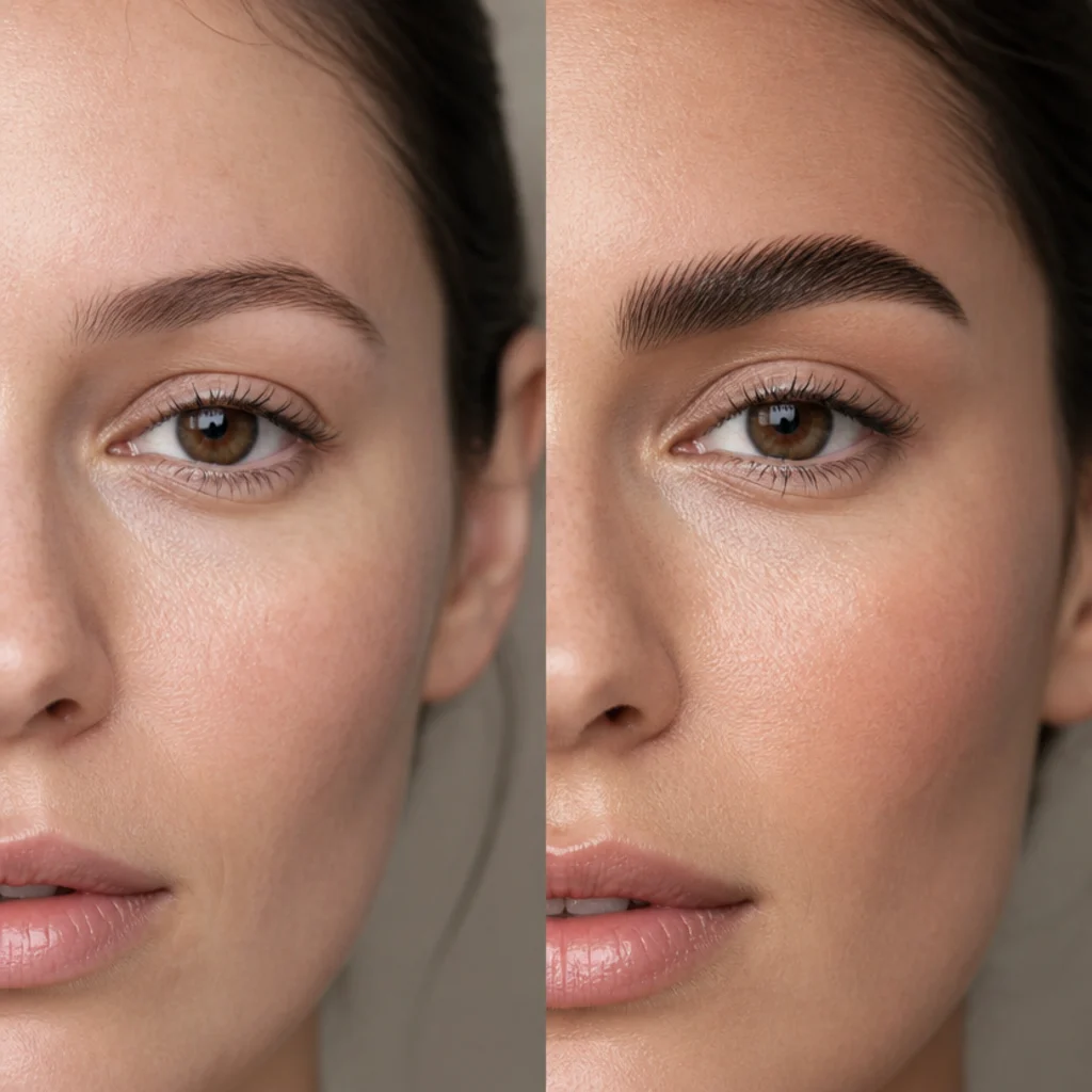 Left brow softly arched and lightly groomed, right brow bold full and strongly defined, matched macro beauty angle