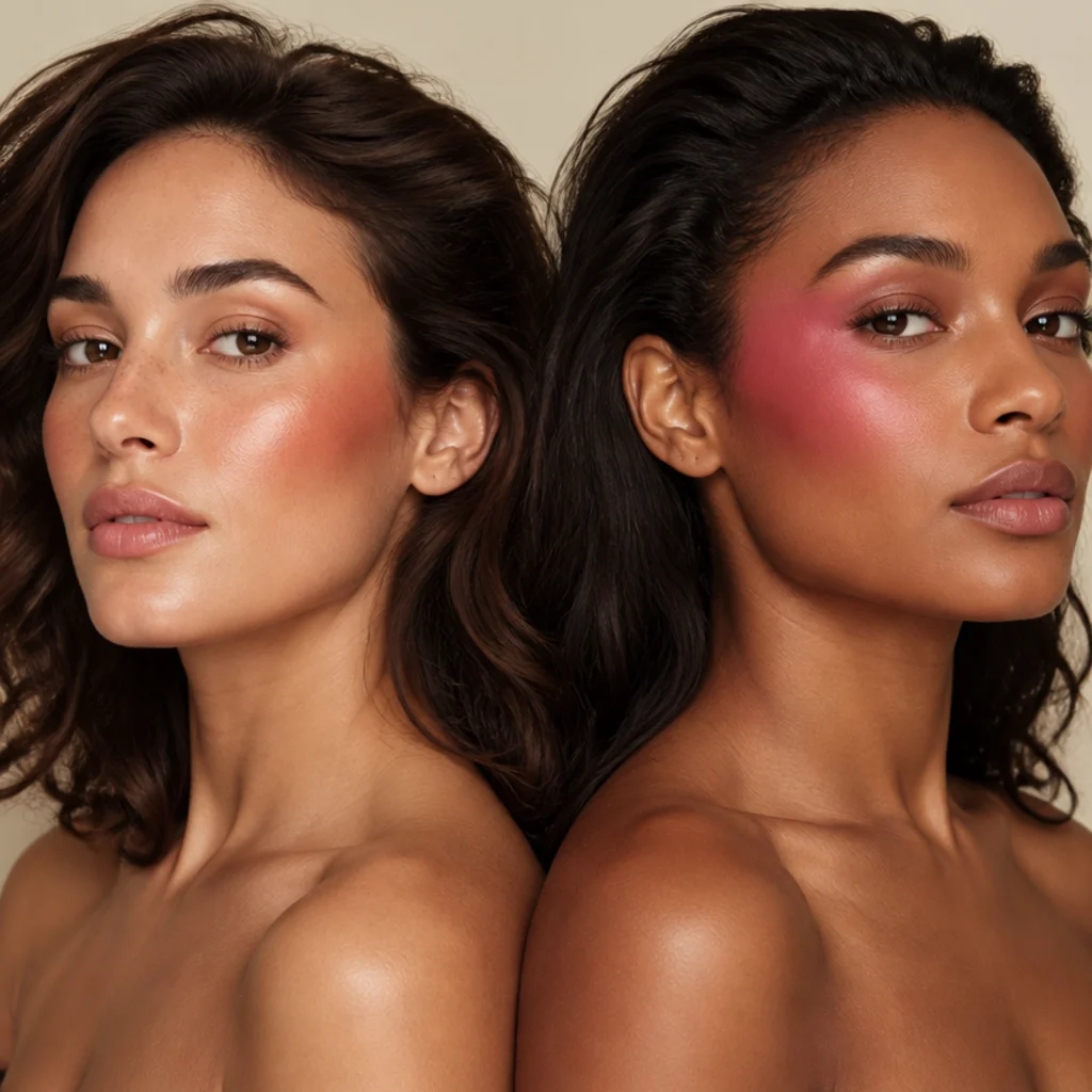 Left cheek with warm bronzed diffused blush swept low, right cheek with a bright pink blush swept high toward the temple, three-quarter angle