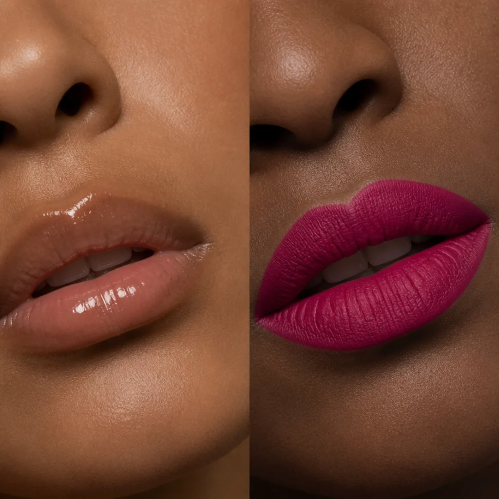 Left lips in a glossy warm nude, right lips in a bold matte fuchsia with defined edges, macro beauty comparison on matched lighting