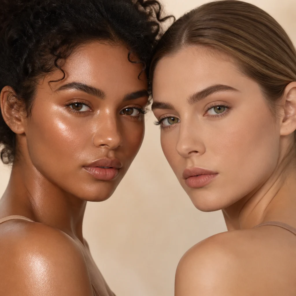 Left face with dewy bronzed glowing skin, right face with a smooth matte powdered finish, matched studio lighting three-quarter angle
