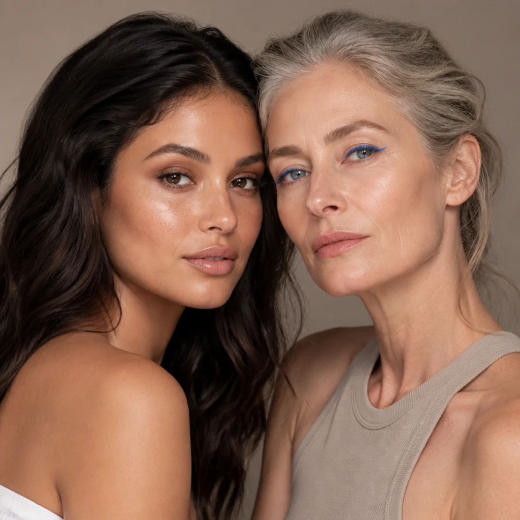 Left model in wearable soft bronze daytime makeup, right model in playful bright neon accents over neutral makeup, matched three-quarter beauty angle