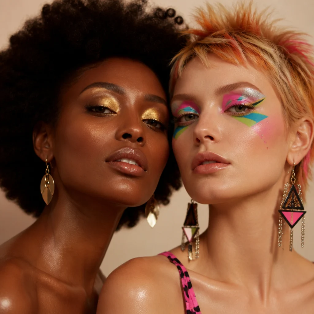 Left model with shimmering golden disco-era glow, right model with bold graphic club-kid neon and glitter, matched studio portrait