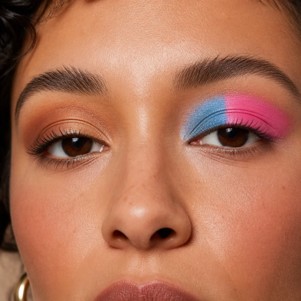 Left eye with seamlessly blended tonal bronze shadow, right eye with distinct blocks of blue and pink color with intact edges, macro beauty detail